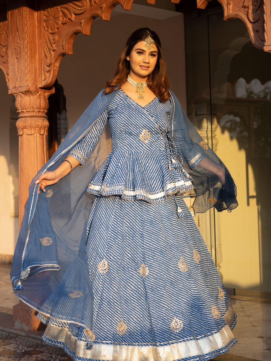 Blue-Cotton-Lehriya-3-Piece-Lehenga-Set