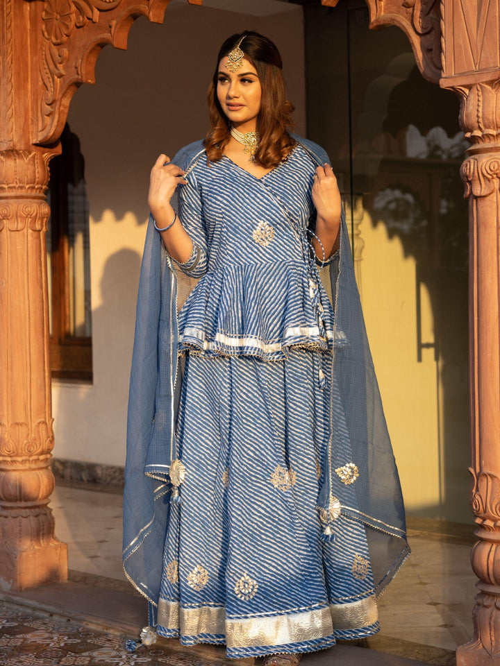 Blue-Cotton-Lehriya-3-Piece-Lehenga-Set