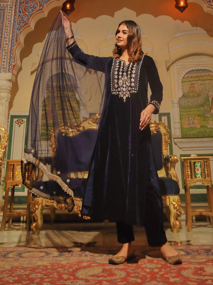 Navy-Blue-Velvet-Zardozi-Work-Embroidered-3-Piece-Kurta-Set