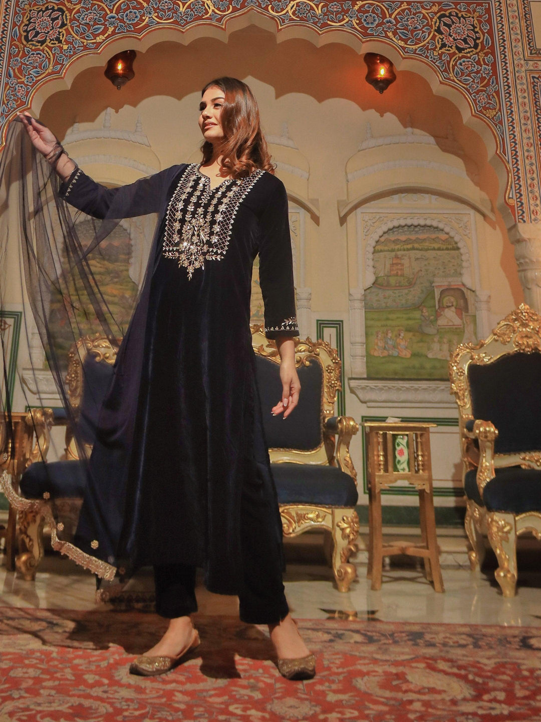 Navy-Blue-Velvet-Zardozi-Work-Embroidered-3-Piece-Kurta-Set