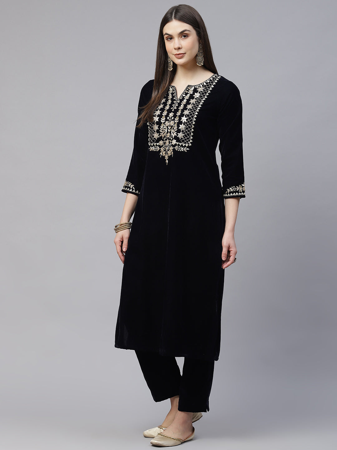 Navy-Blue-Velvet-Zardozi-Work-Embroidered-3-Piece-Kurta-Set