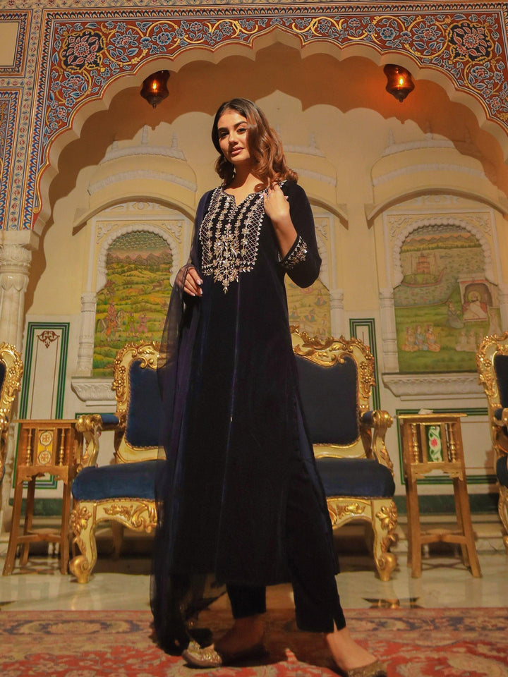 Navy-Blue-Velvet-Zardozi-Work-Embroidered-3-Piece-Kurta-Set