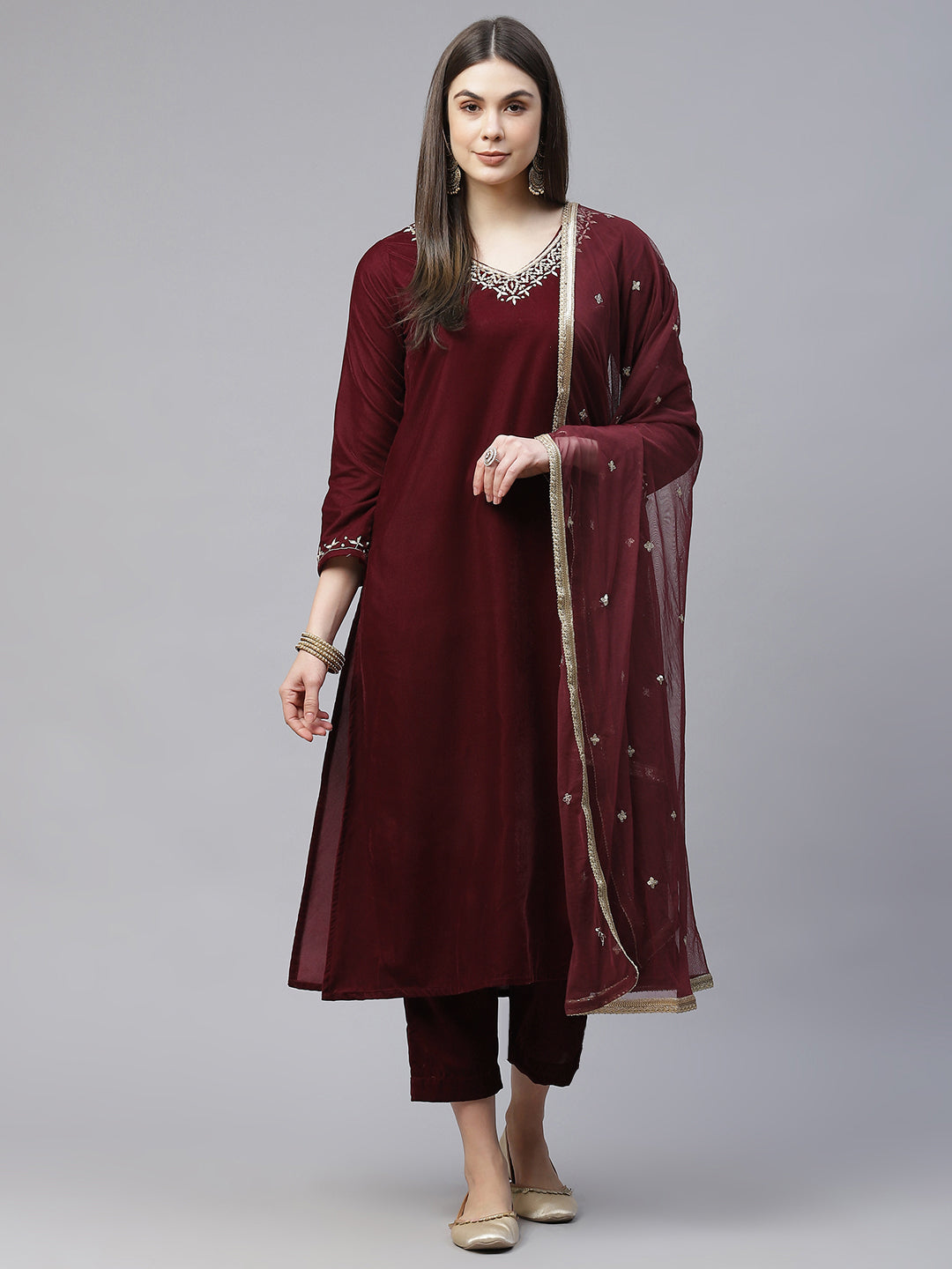 Maroon-Velvet-Hand-Work-3-Piece-Kurta-Set
