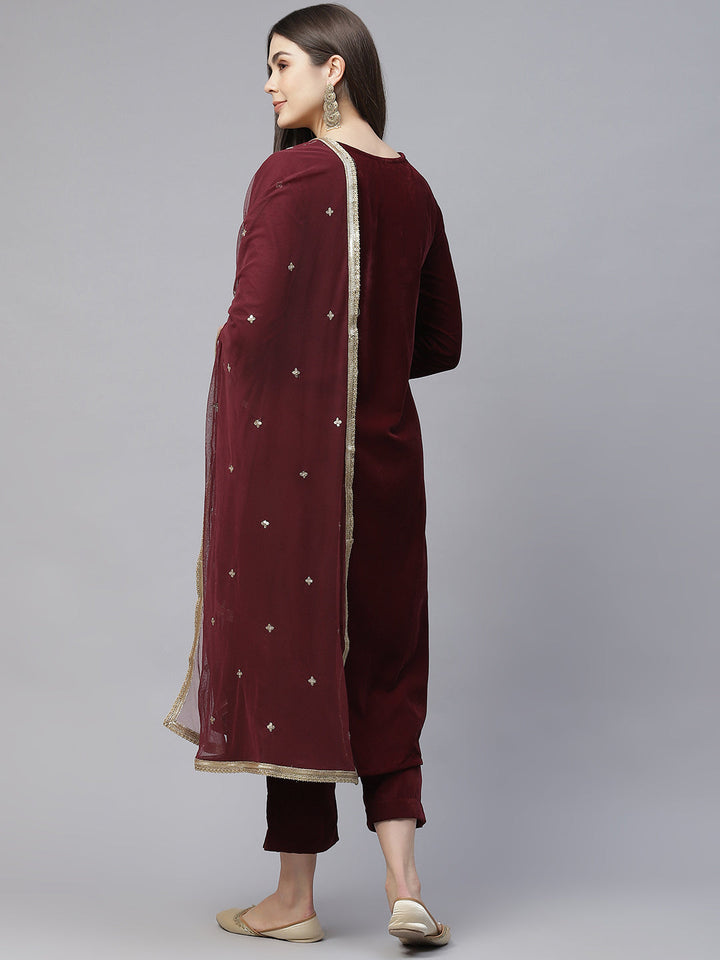 Maroon-Velvet-Hand-Work-3-Piece-Kurta-Set