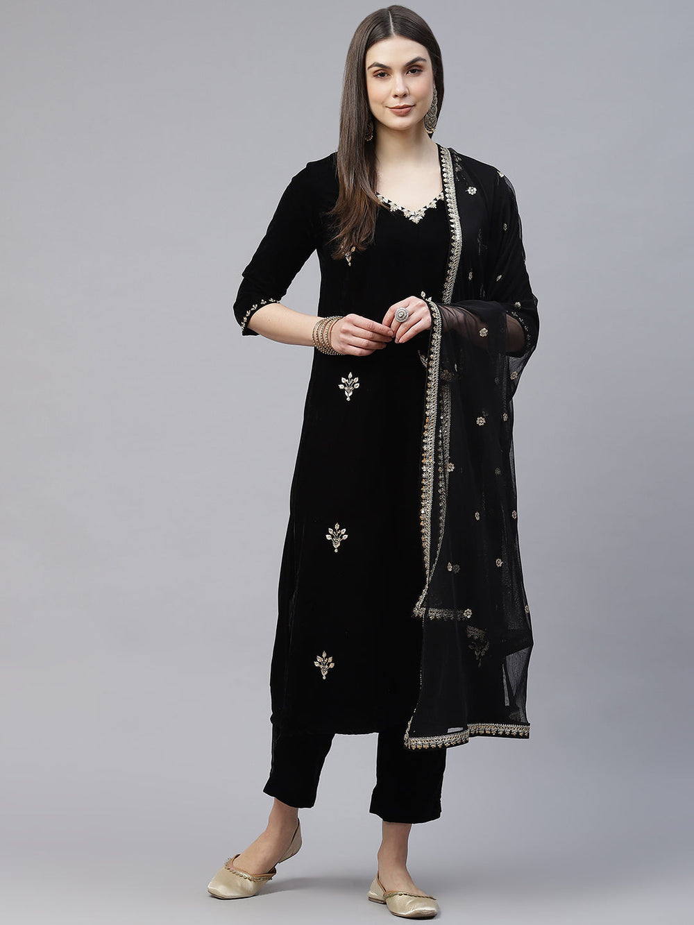 Black-Velvet-Hand-Work-3-Piece-Kurta-Set