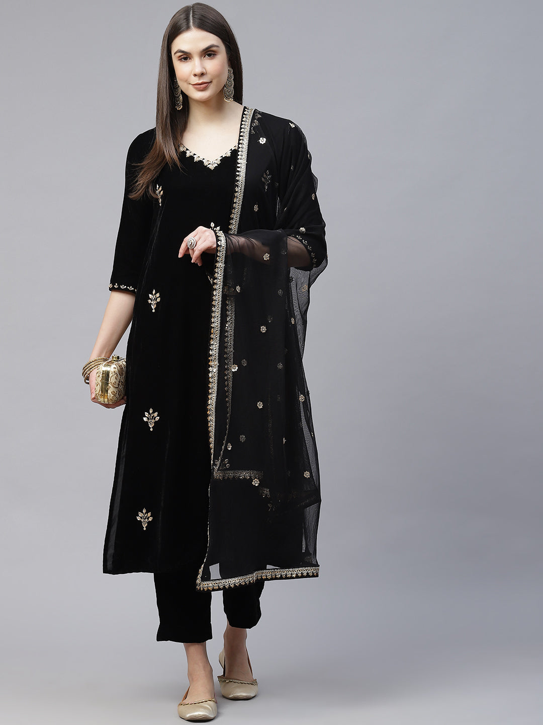 Black-Velvet-Hand-Work-3-Piece-Kurta-Set