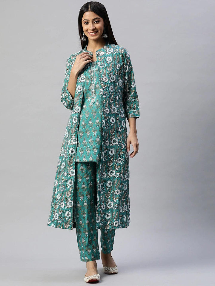 Green-Cotton-Floral-Printed-3-Piece-Kurta-Set-With-Jacket