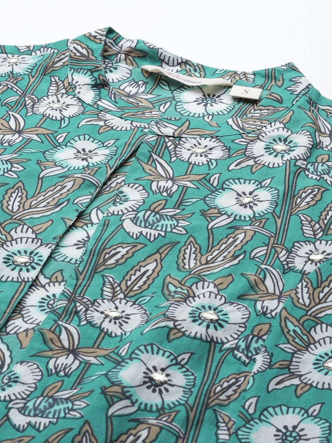 Green-Cotton-Floral-Printed-3-Piece-Kurta-Set-With-Jacket