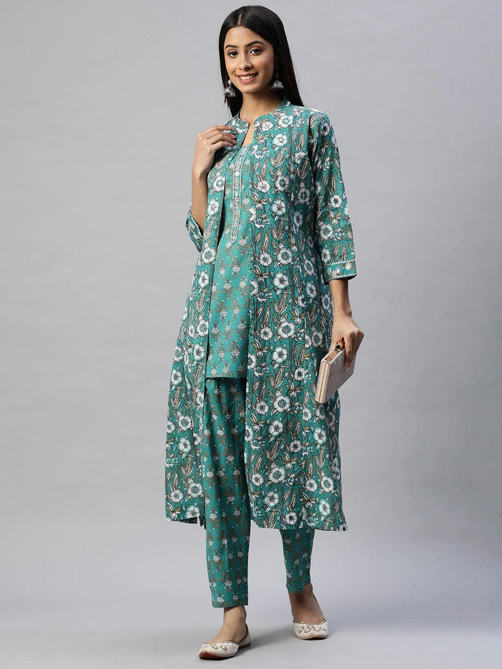 Green-Cotton-Floral-Printed-3-Piece-Kurta-Set-With-Jacket