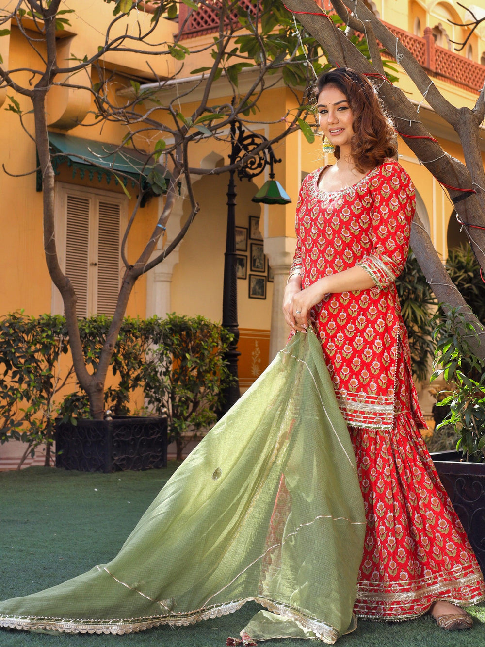 Red-Cotton-Dabu-Printed-Sharara-Set-With-Kota-Doria-Dupatta