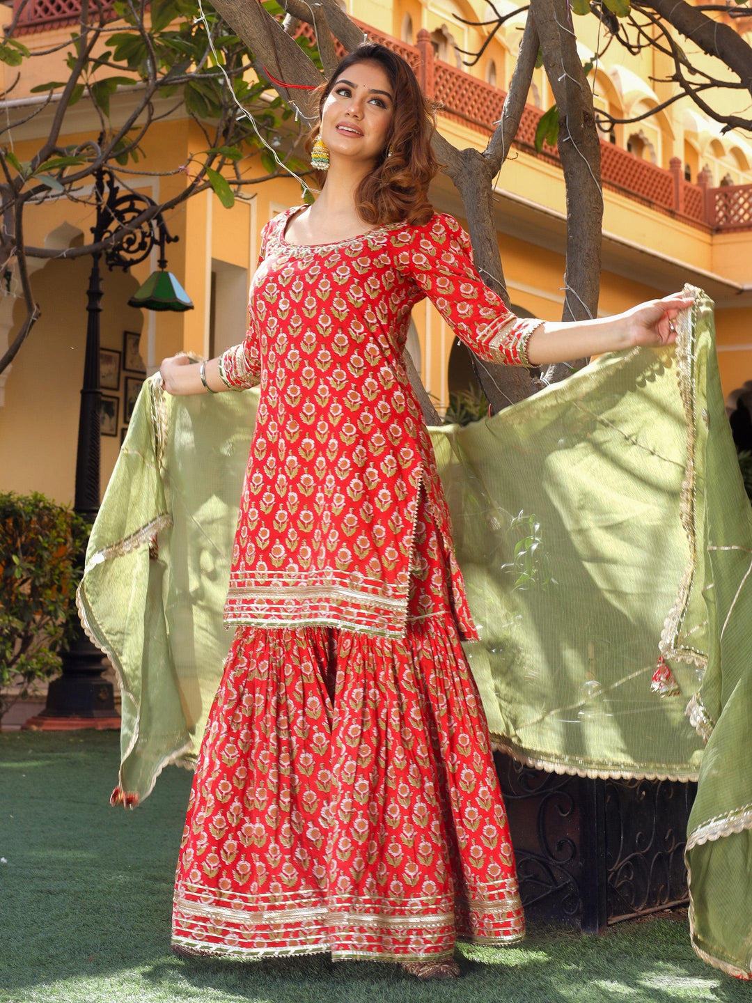 Red-Cotton-Dabu-Printed-Sharara-Set-With-Kota-Doria-Dupatta