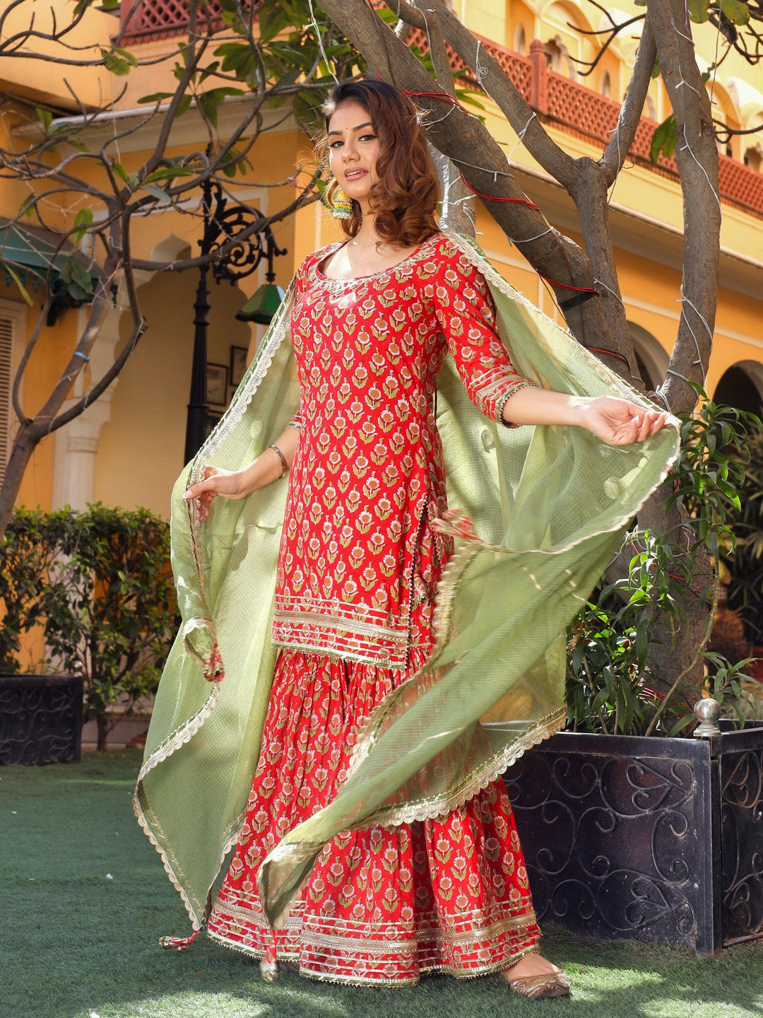 Red-Cotton-Dabu-Printed-Sharara-Set-With-Kota-Doria-Dupatta