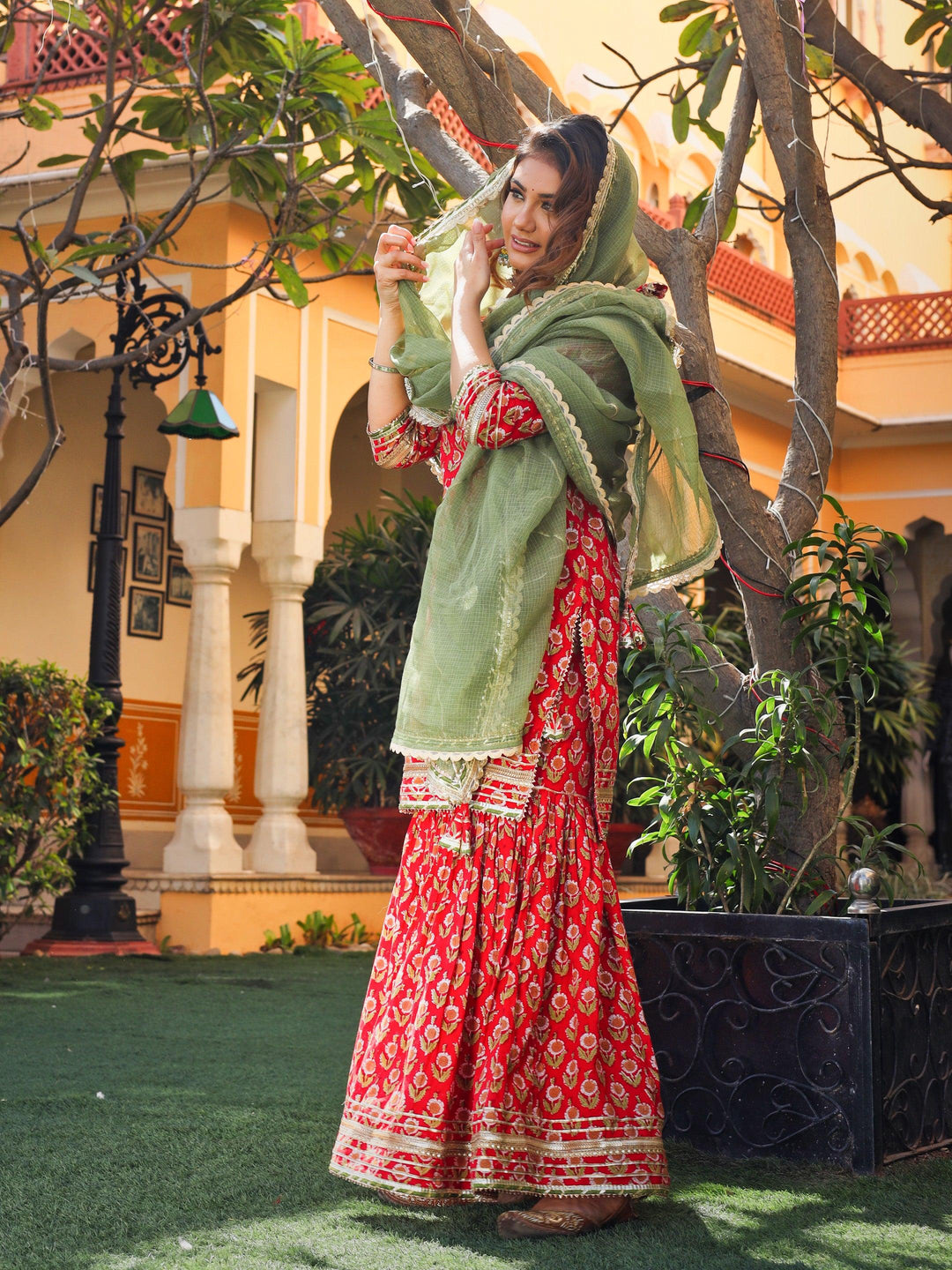 Red-Cotton-Dabu-Printed-Sharara-Set-With-Kota-Doria-Dupatta
