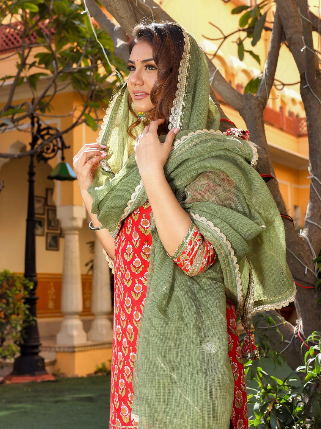 Red-Cotton-Dabu-Printed-Sharara-Set-With-Kota-Doria-Dupatta