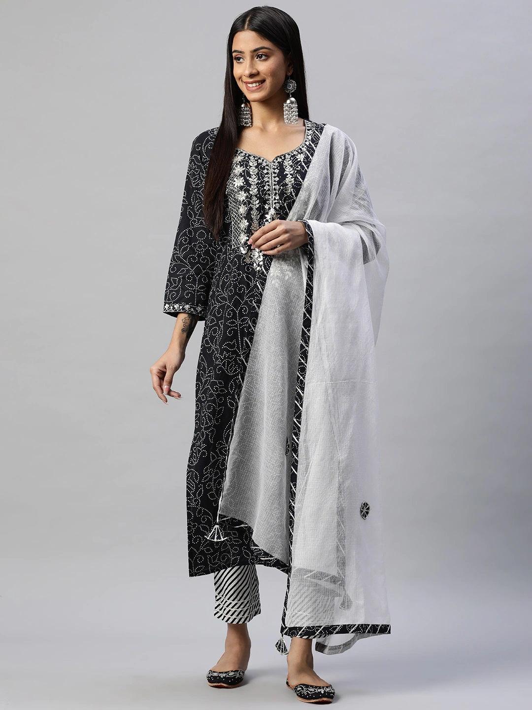 Black-&-White-cotton-3-Piece-Kurta-Set