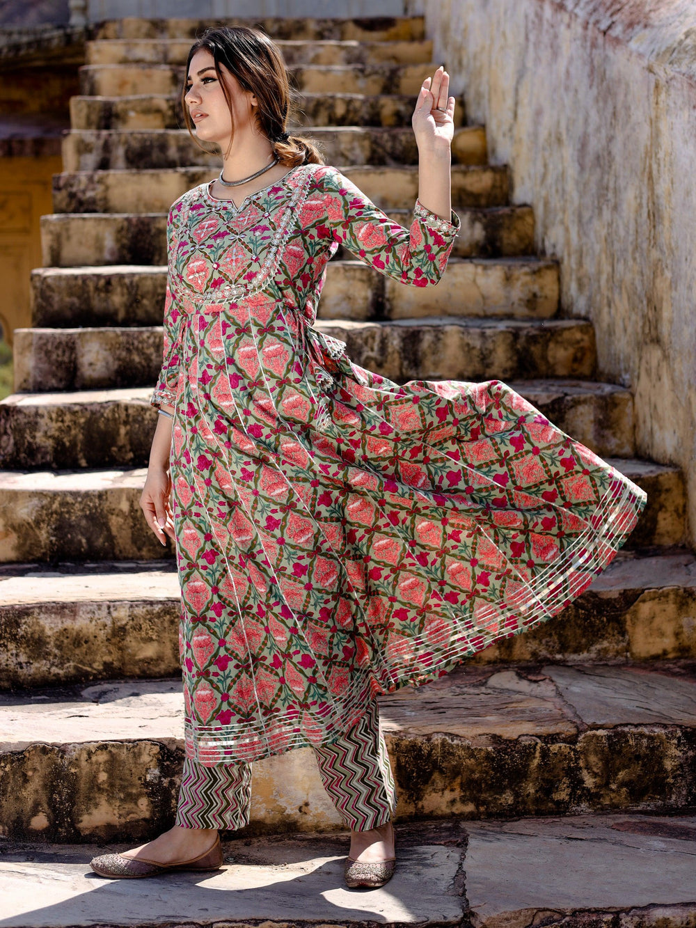 Green-Cotton-Floral-Printed-2-Piece-Anarkali-Set