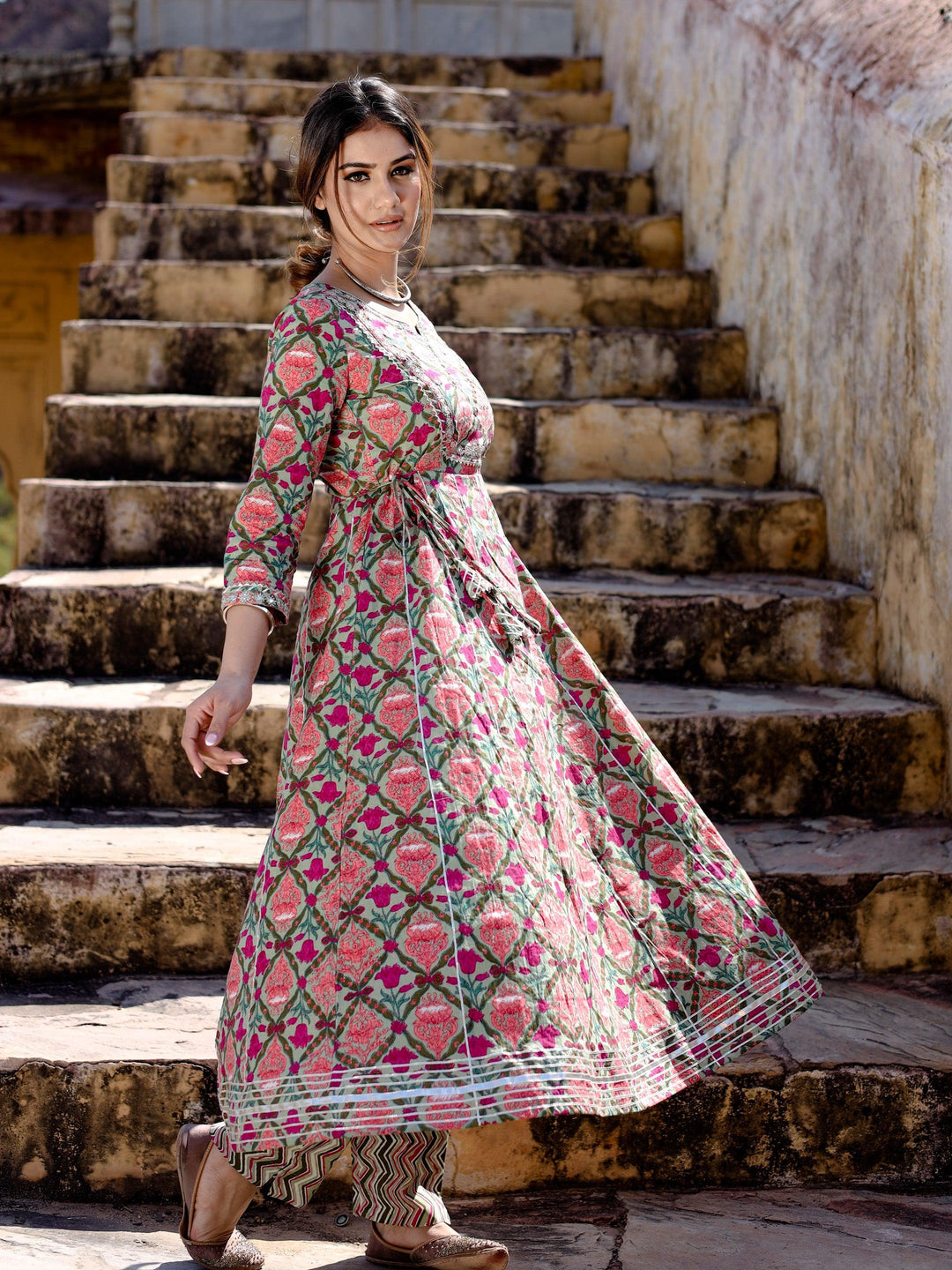 Green-Cotton-Floral-Printed-2-Piece-Anarkali-Set