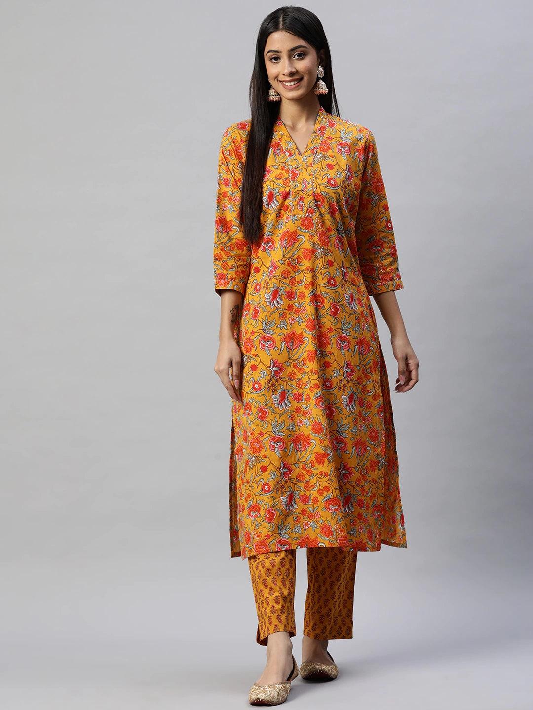Mustard-Cotton-Floral-Printed-2-Piece-Kurta