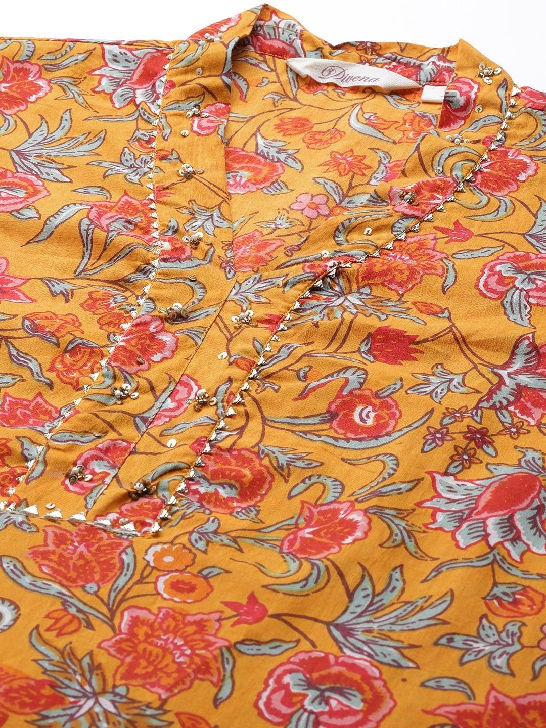 Mustard-Cotton-Floral-Printed-2-Piece-Kurta