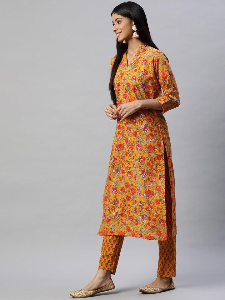Mustard-Cotton-Floral-Printed-2-Piece-Kurta