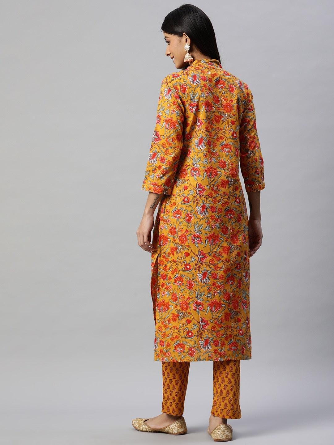Mustard-Cotton-Floral-Printed-2-Piece-Kurta
