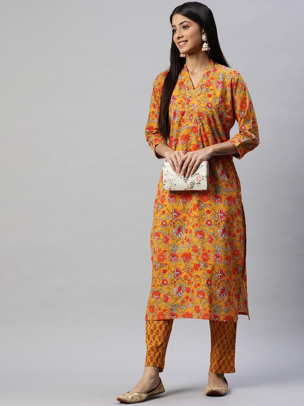 Mustard-Cotton-Floral-Printed-2-Piece-Kurta