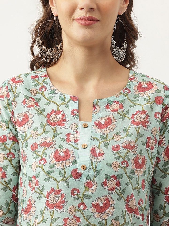 Green-Chanderi-Floral-Printed-2-Piece-Kurta-Set