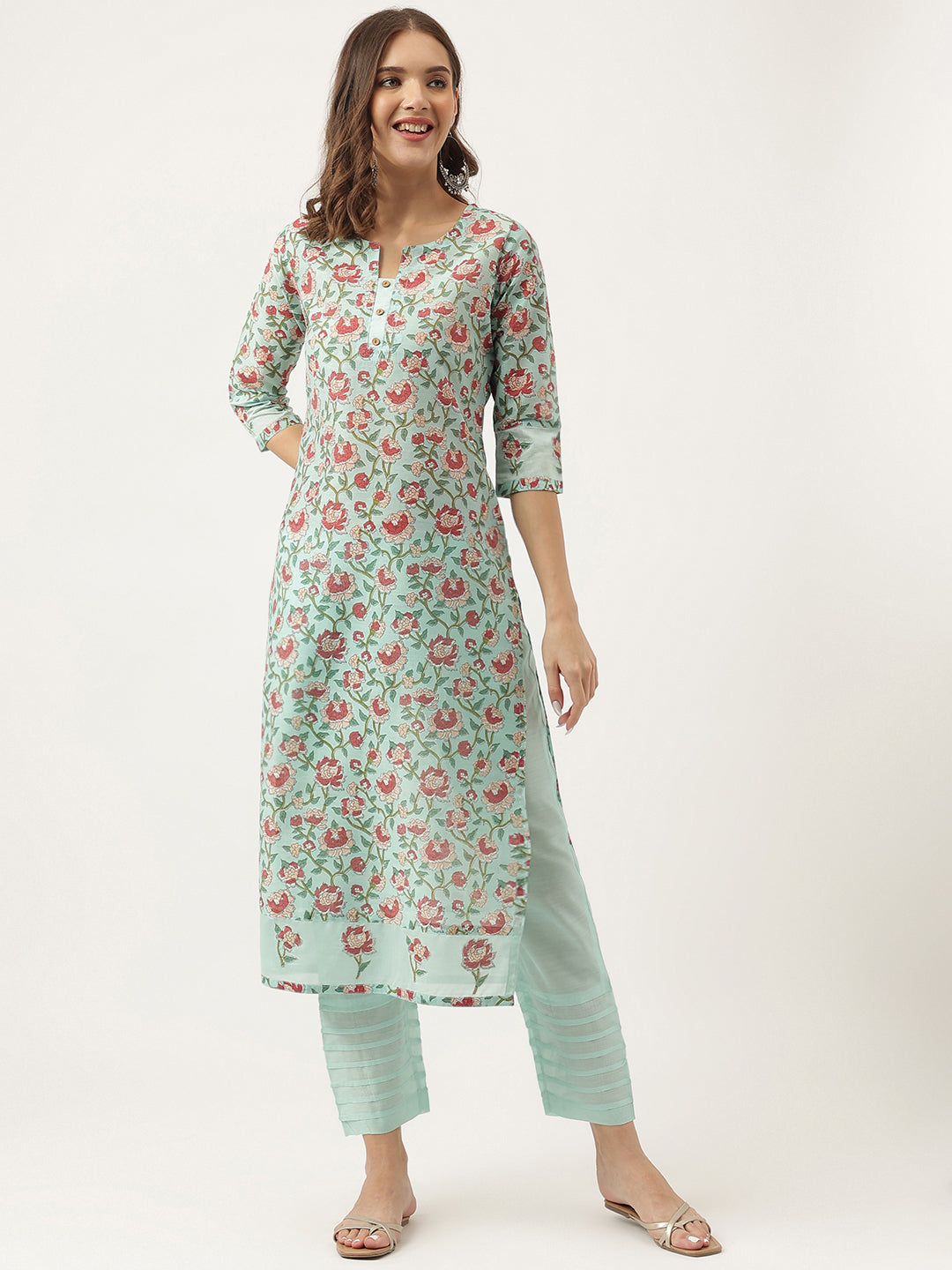 Green-Chanderi-Floral-Printed-2-Piece-Kurta-Set
