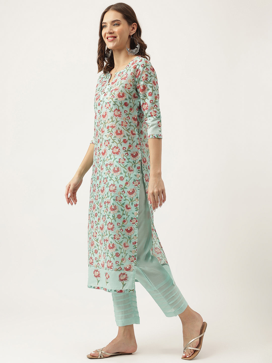 Green-Chanderi-Floral-Printed-2-Piece-Kurta-Set