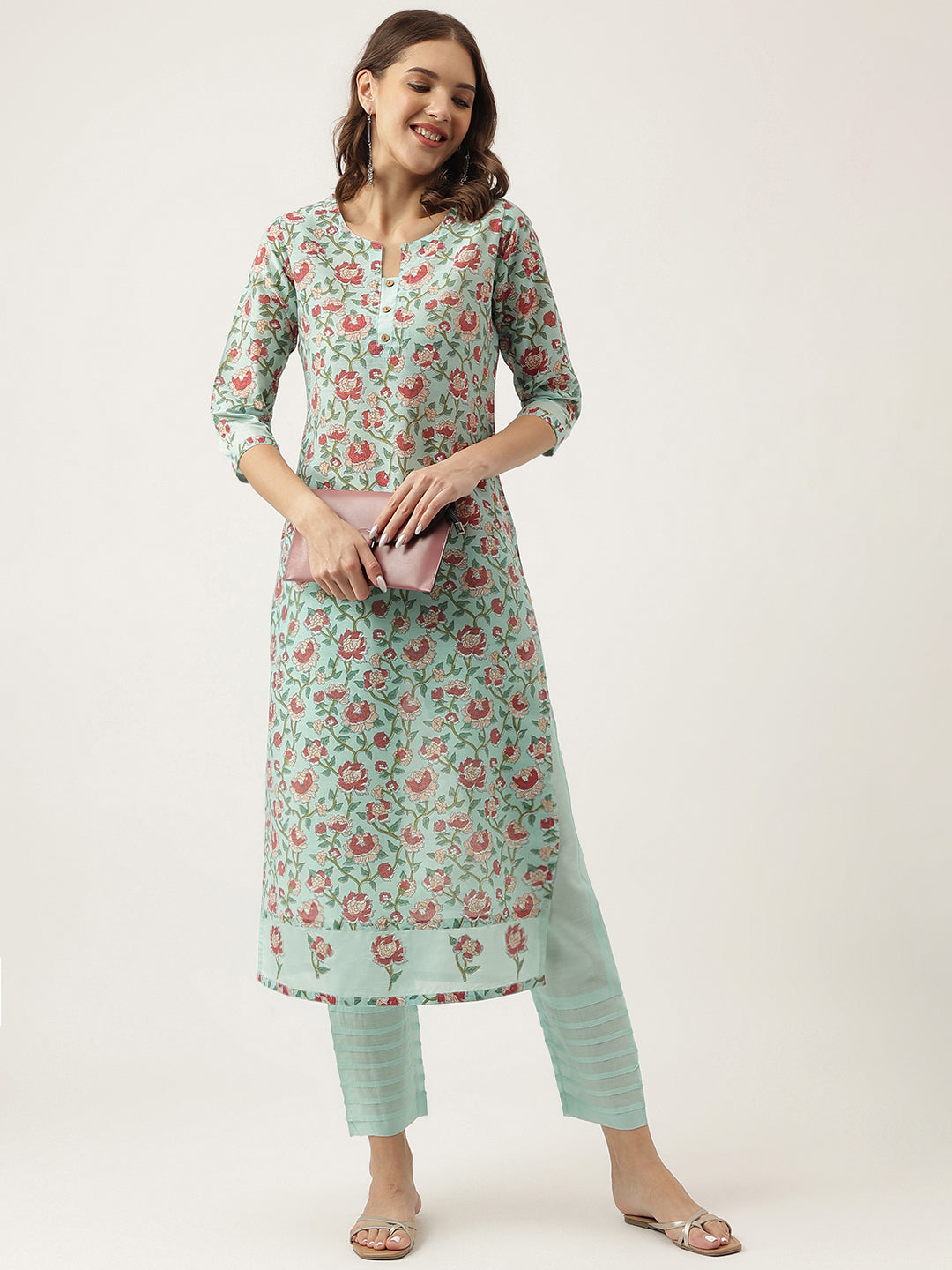 Green-Chanderi-Floral-Printed-2-Piece-Kurta-Set