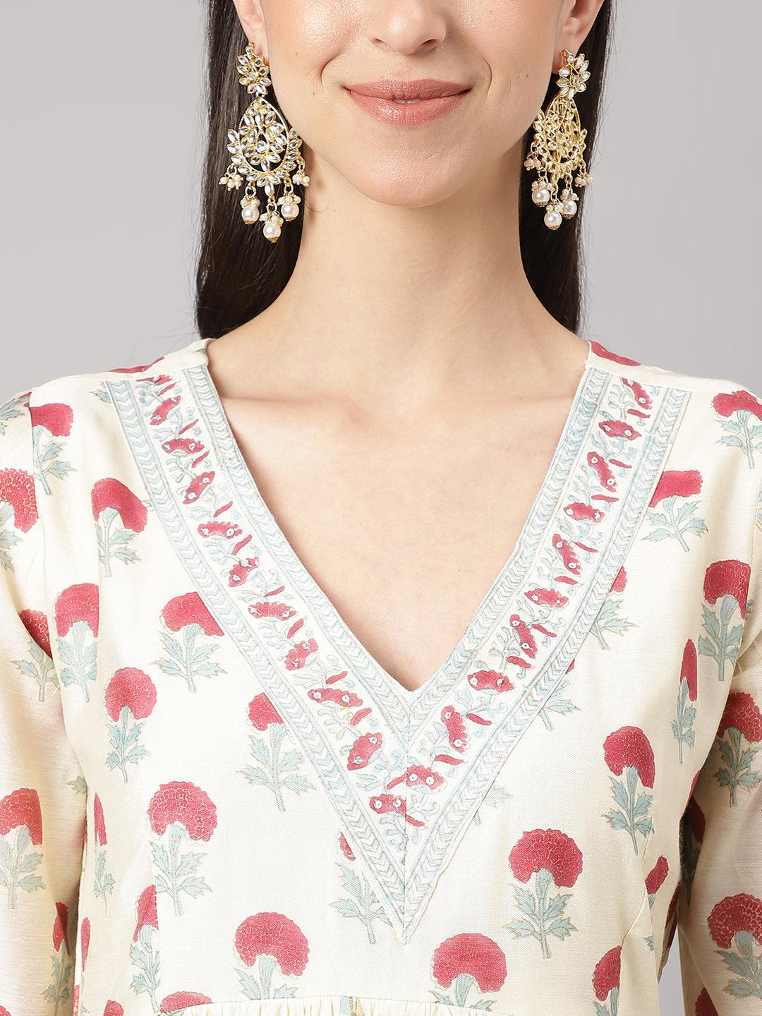 Cream-Chanderi-Floral-Print-3-Piece-Anarkali-Set