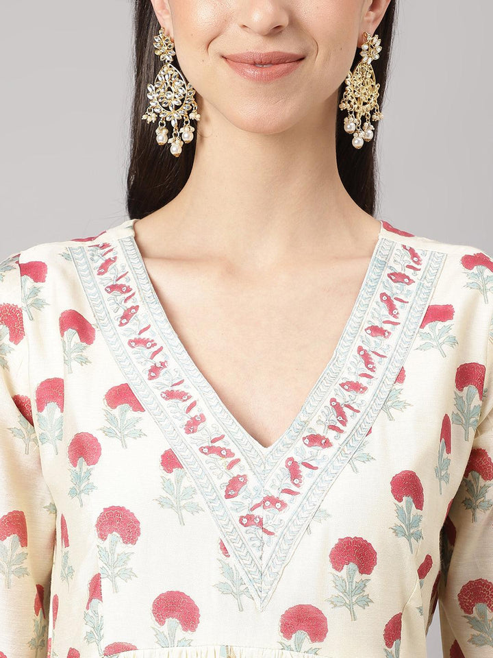 Cream-Chanderi-Floral-Print-3-Piece-Anarkali-Set