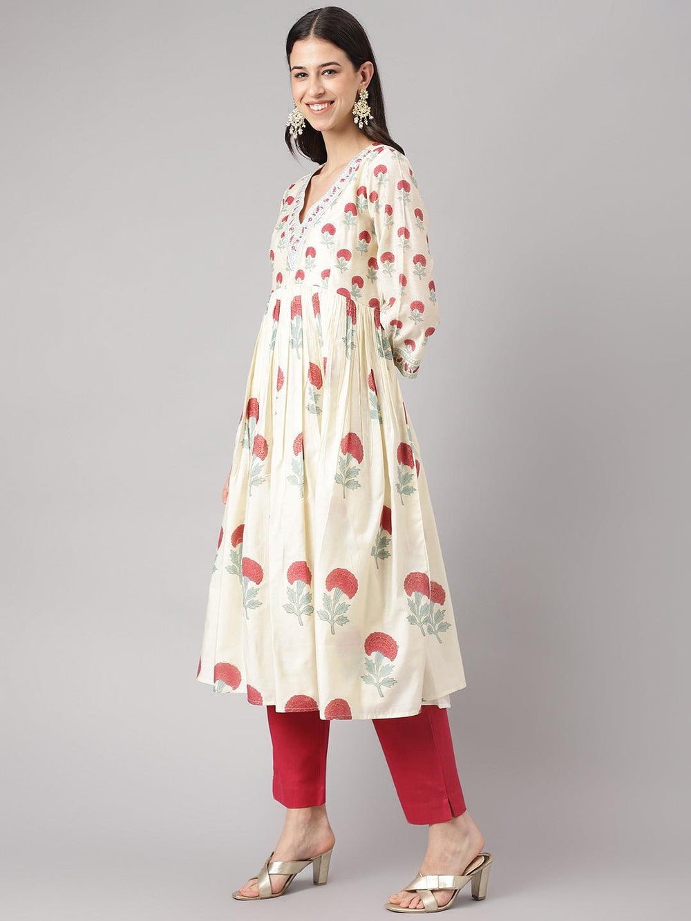 Cream-Chanderi-Floral-Print-3-Piece-Anarkali-Set