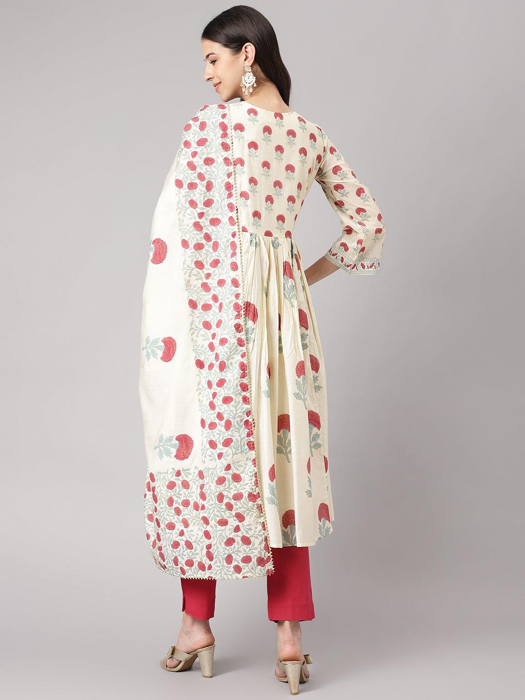 Cream-Chanderi-Floral-Print-3-Piece-Anarkali-Set
