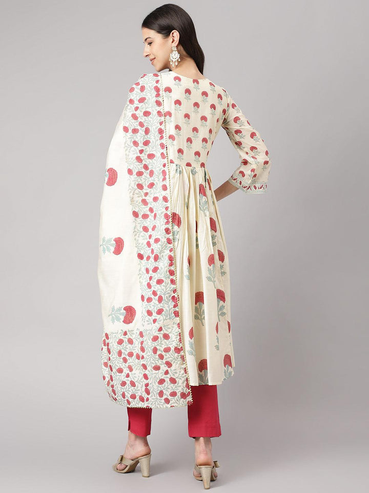 Cream-Chanderi-Floral-Print-3-Piece-Anarkali-Set