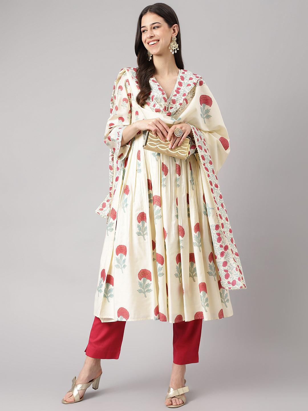 Cream-Chanderi-Floral-Print-3-Piece-Anarkali-Set