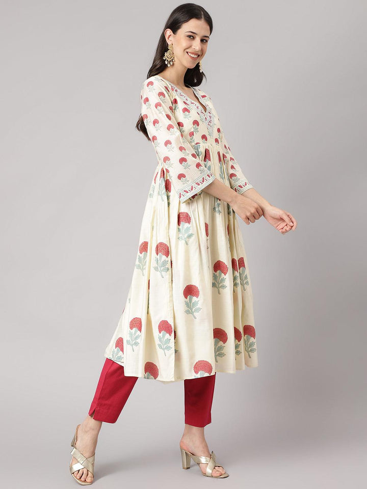 Cream-Chanderi-Floral-Print-3-Piece-Anarkali-Set