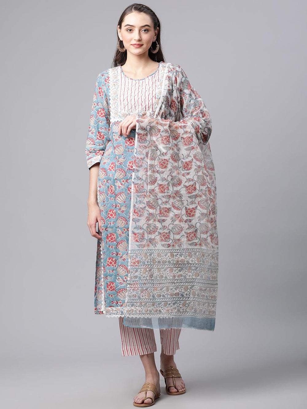 Turquoise-Blue-Pure-Cotton-Hand-Block-Printed-3-Piece-Kurta-Set