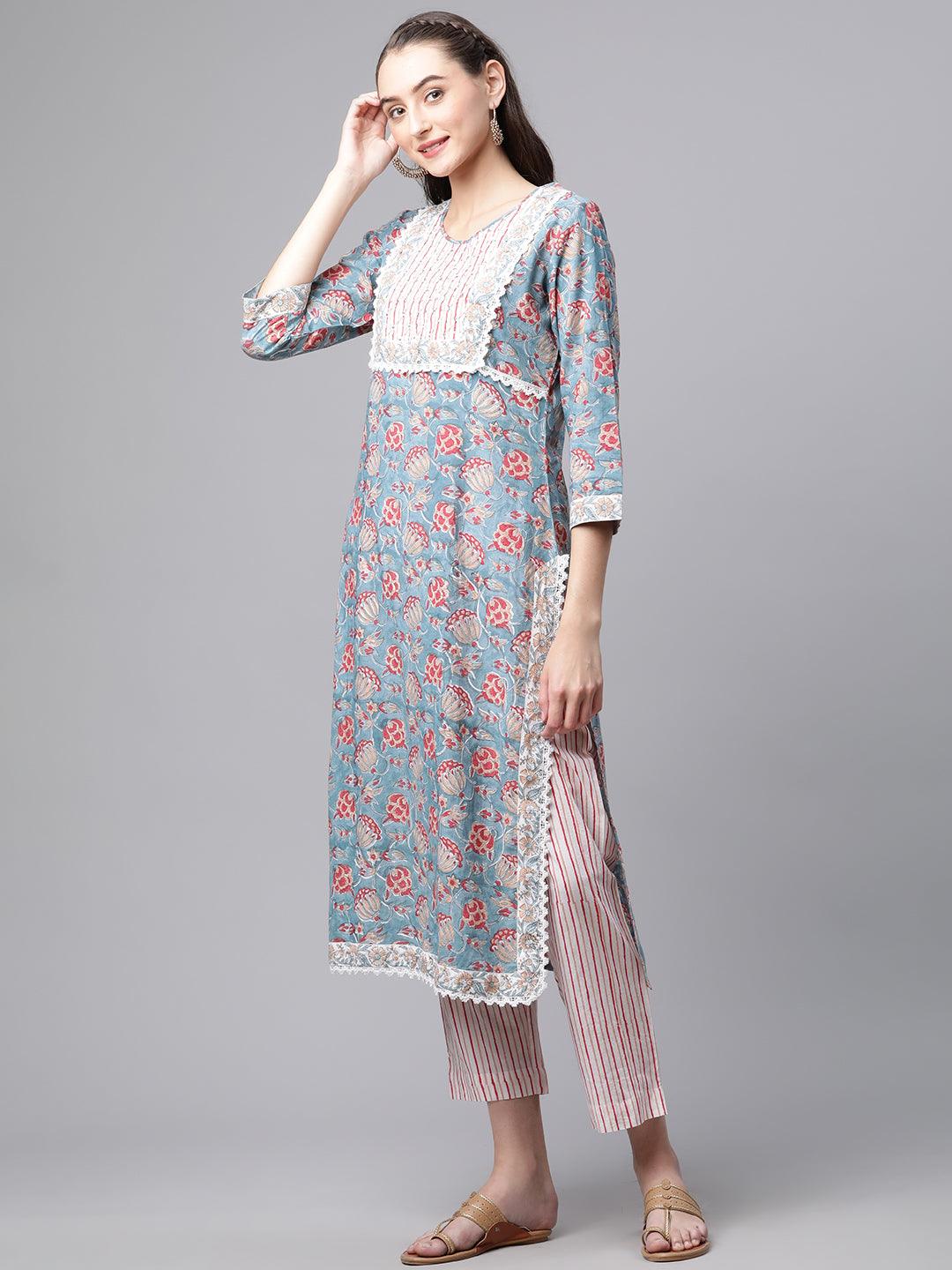 Turquoise-Blue-Pure-Cotton-Hand-Block-Printed-3-Piece-Kurta-Set