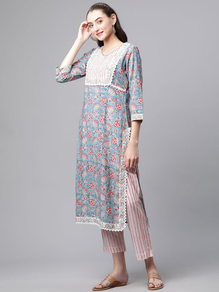 Turquoise-Blue-Pure-Cotton-Hand-Block-Printed-3-Piece-Kurta-Set