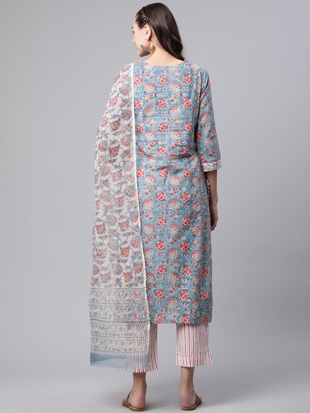 Turquoise-Blue-Pure-Cotton-Hand-Block-Printed-3-Piece-Kurta-Set