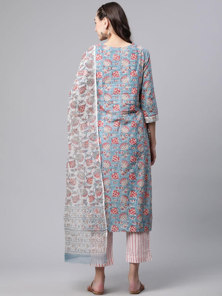 Turquoise-Blue-Pure-Cotton-Hand-Block-Printed-3-Piece-Kurta-Set