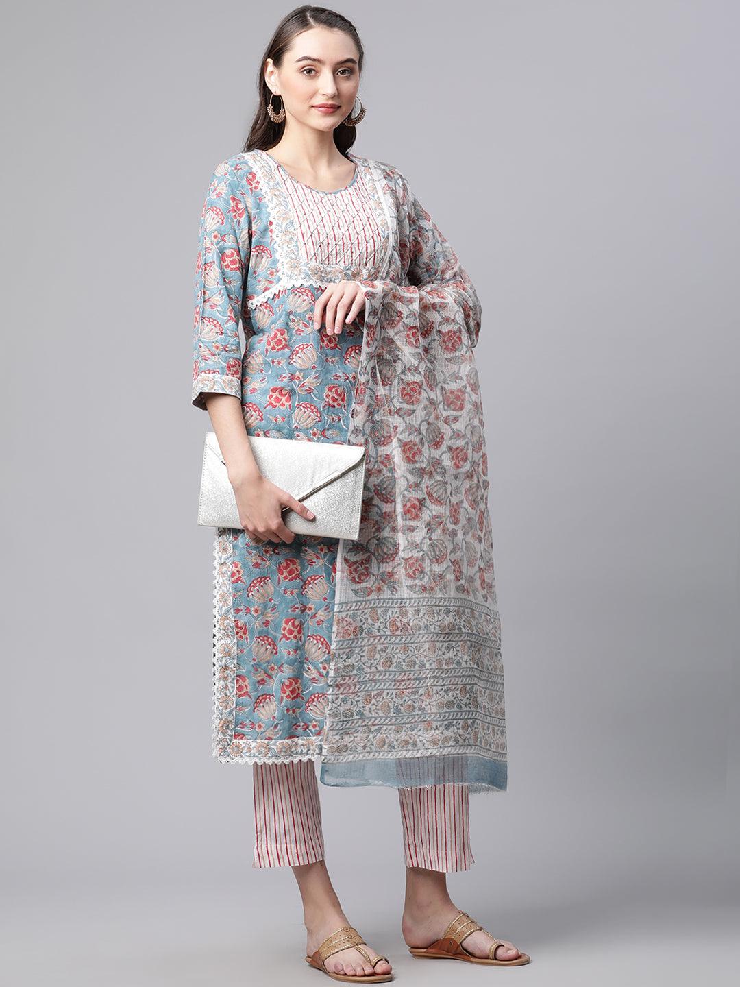 Turquoise-Blue-Pure-Cotton-Hand-Block-Printed-3-Piece-Kurta-Set