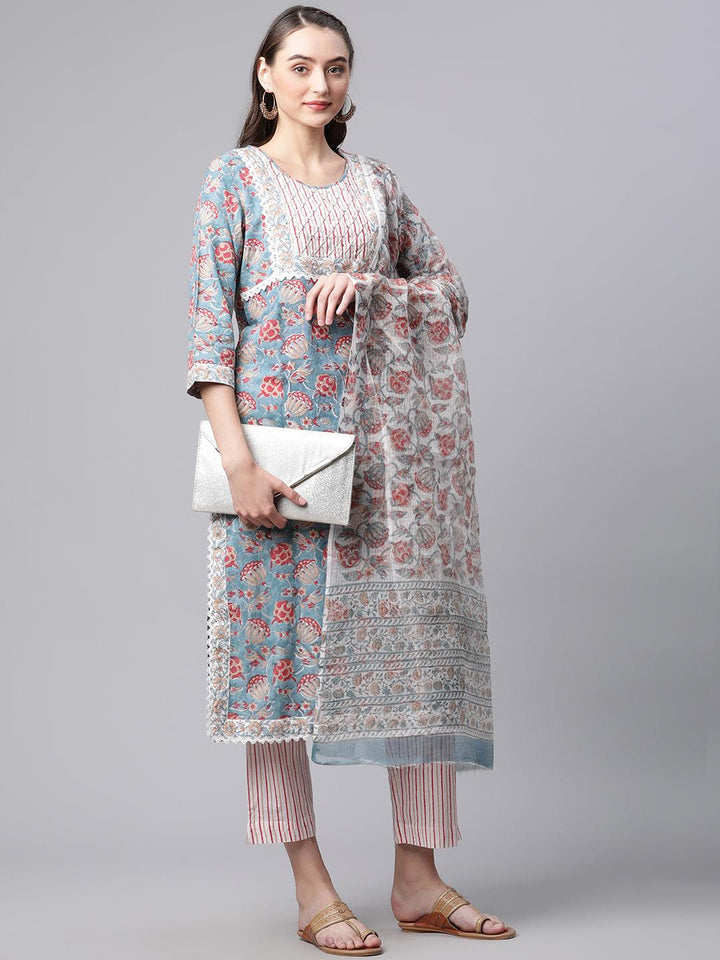 Turquoise-Blue-Pure-Cotton-Hand-Block-Printed-3-Piece-Kurta-Set