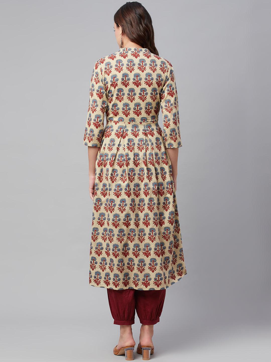 Beige-Cotton-A-Line-Hem-Cuffed-Pant-&-Kurta