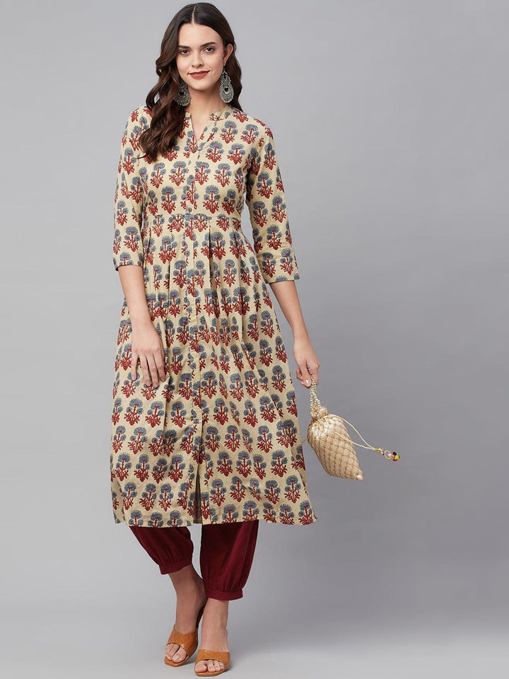 Beige-Cotton-A-Line-Hem-Cuffed-Pant-&-Kurta
