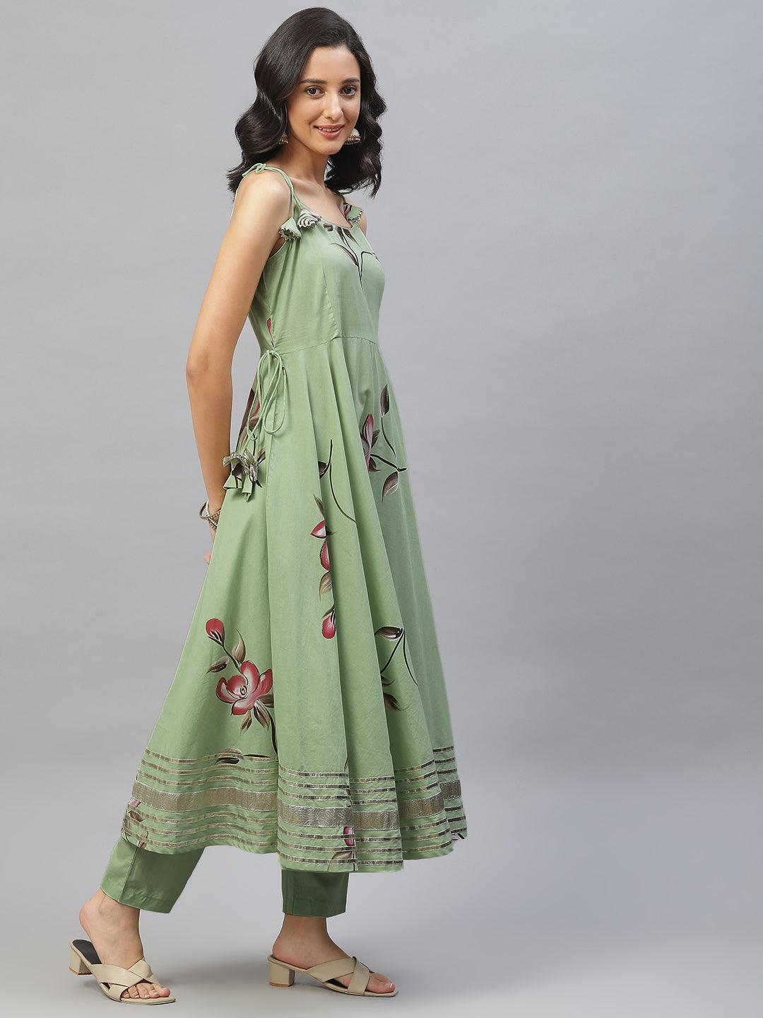 Light-Green-Cotton-Hand-Painted-Floral-3-Piece-Anarkali-Set