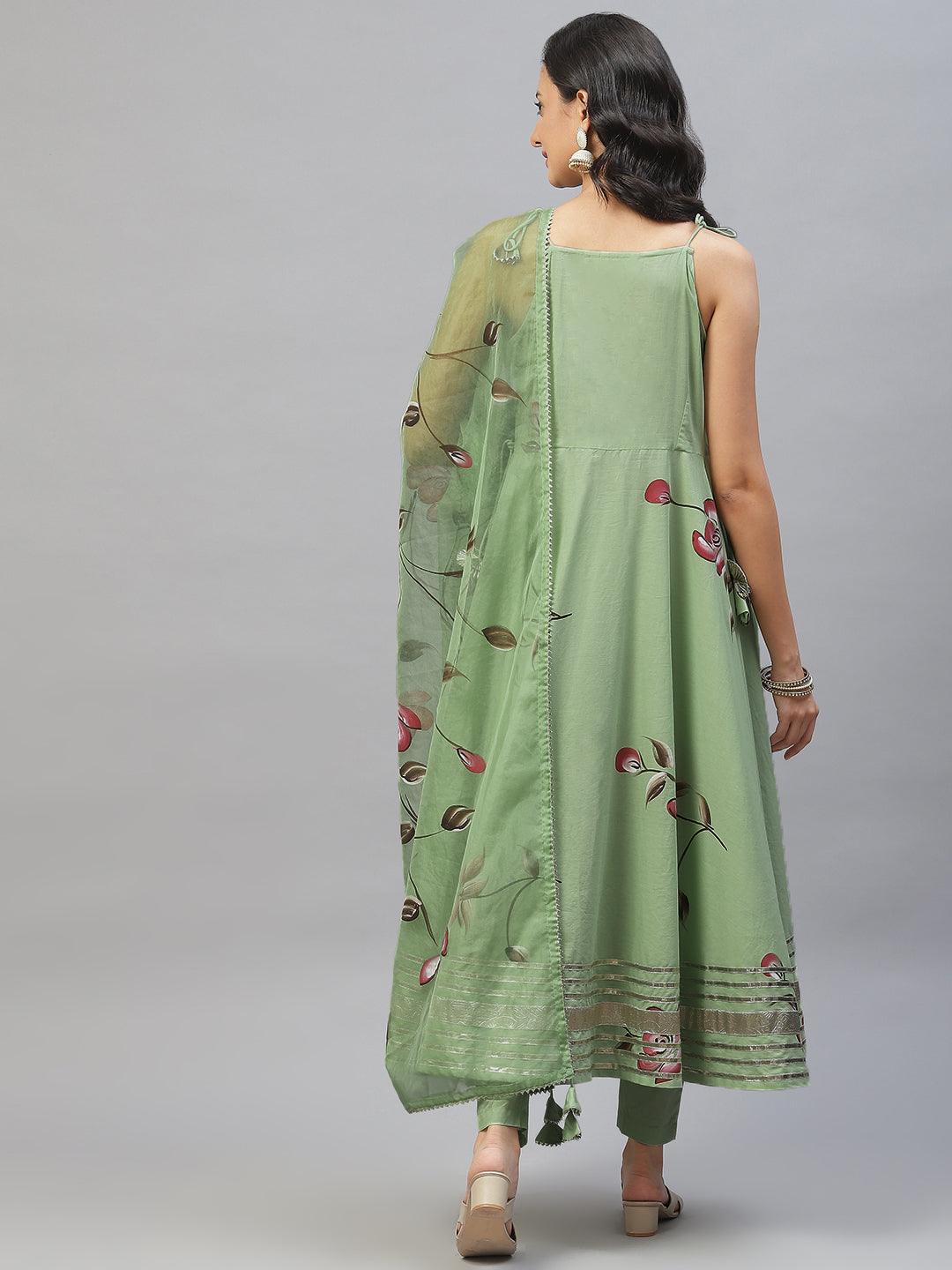 Light-Green-Cotton-Hand-Painted-Floral-3-Piece-Anarkali-Set