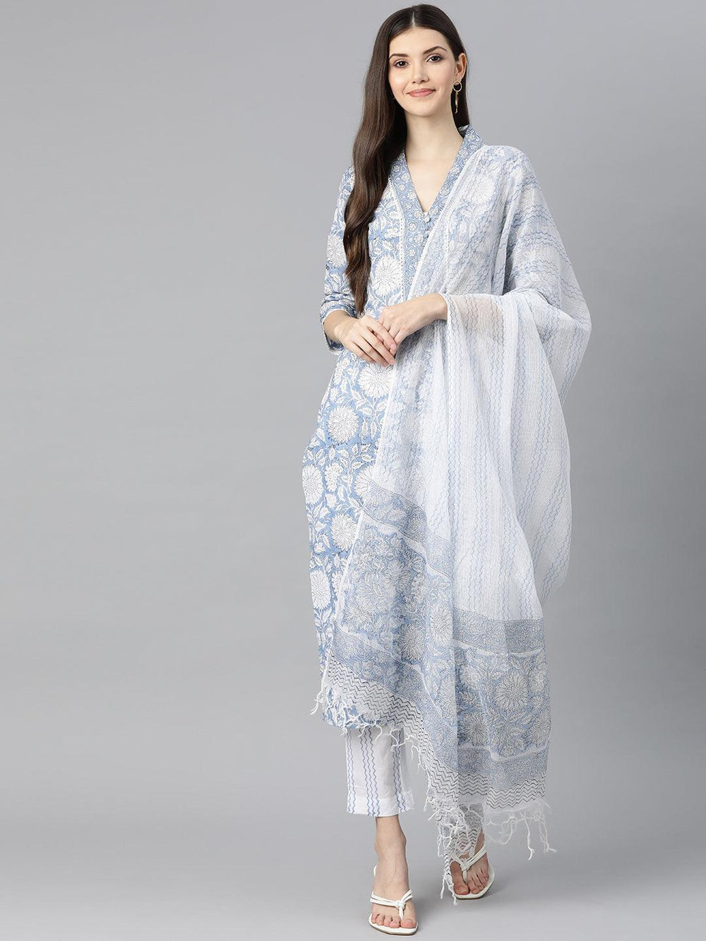 Sky-Blue-Cotton-Hand-Block-Printed-Straight-3-Piece-Kurta-Set