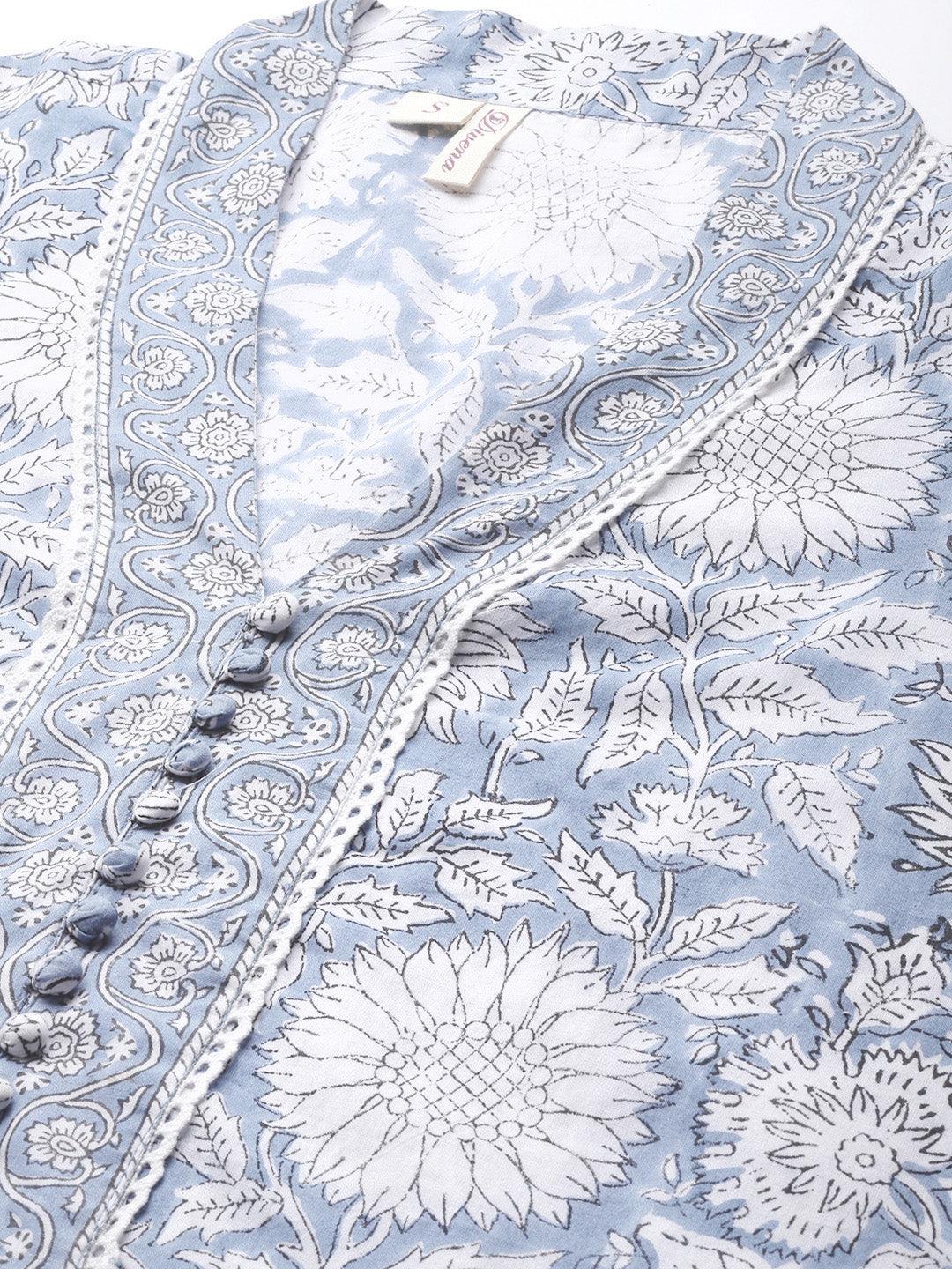 Sky-Blue-Cotton-Hand-Block-Printed-Straight-3-Piece-Kurta-Set